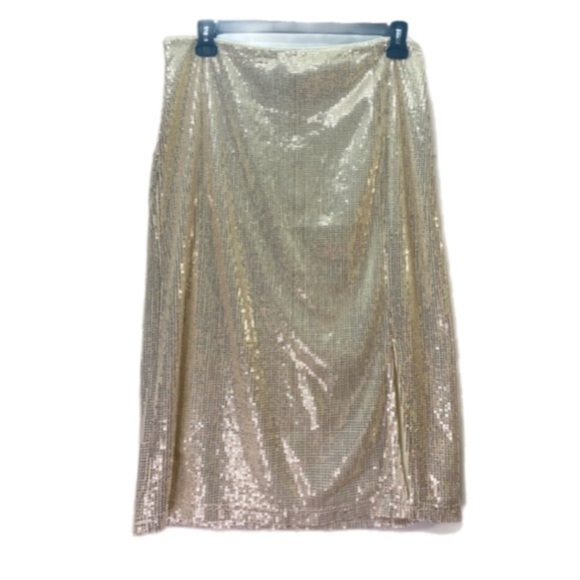 Glamorous Gold Christmas Party Skirt Midi Sequin Sexy 7” Slit Mob Wife Classical - Picture 4 of 8